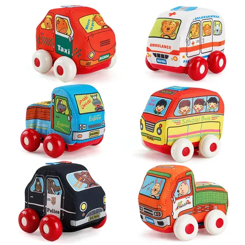Cartoon Baby Soft Cloth Toy Car Friction Powered Educational Washable Ambulance Police School Bus For Toddlers Children
