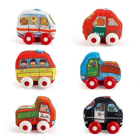 Cartoon Baby Soft Cloth Toy Car Friction Powered Educational Washable Ambulance Police School Bus For Toddlers Children