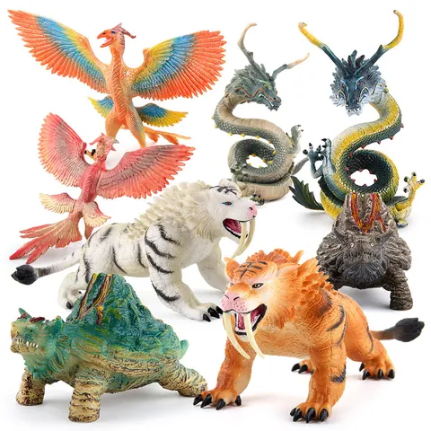 Modelo de Bestias Mitológicas Chinas Antiguas Dragón Azul Tigre Blanco Pájaro Vermellón Tortuga Negra Juguete PVC Decoración