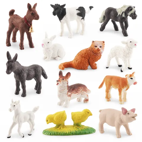 Realistic Farm Animal Babies Model Figures PVC Miniatures Pig Cow Horse Donkey Sheep Cat Dog Chicken Figures For Educational Learning Sand Table Play Decorations Children Gift