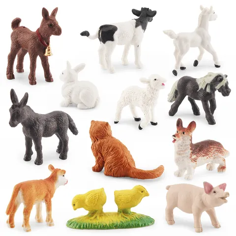 Realistic Farm Animal Babies Model Figures PVC Miniatures Pig Cow Horse Donkey Sheep Cat Dog Chicken Figures For Educational Learning Sand Table Play Decorations Children Gift