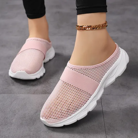 Women Breathable Mesh Slippers Thick Sole Slip On Mules Casual Sporty Lightweight Flat Shoes For Daily Home Outdoor Wear