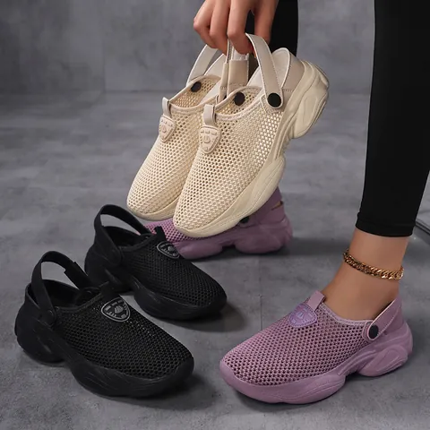 Women Flyknit Mesh Clogs Slippers Platform Breathable Non-Slip Mules Summer Outdoor Slides Beach Shoes Casual Height Increasing