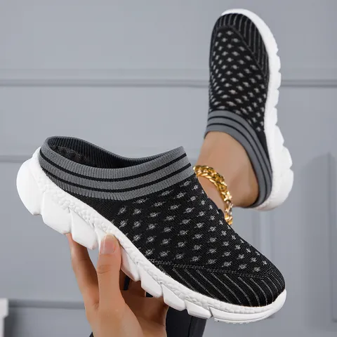 Women Breathable Fly-Knit Mule Sneakers Lightweight Casual Sports Slip-On Slippers For Outdoor Daily Walking Comfort Shoes