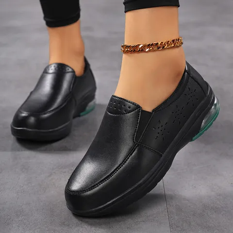 Women Nursing Shoes Air Cushion Work Shoes PU Leather Breathable Slip On Loafers Anti Slip Comfortable Walking Shoes