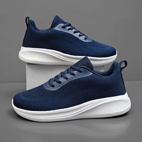 Men's Breathable Mesh Walking Shoes Lightweight Shock Absorbing Wide Toe Casual Sneakers Flyknit Upper Sport Running Shoes