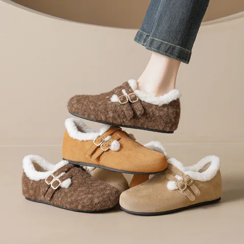 Women Winter Warm Snow Boots Suede Birkenstock Style Loafers With Faux Lamb Wool Lining Buckle Non-Slip Platform Shoes