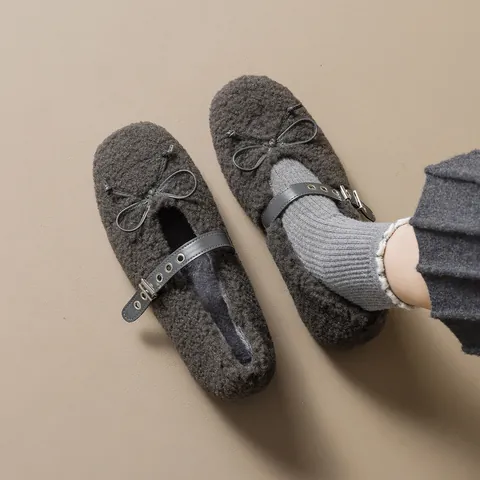 Women Faux Shearling Mary Jane Flat Shoes Bow Buckle Strap Inner Height Increase Warm Winter Furry Ballet Flats