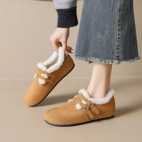 Women Winter Warm Snow Boots Suede Birkenstock Style Loafers With Faux Lamb Wool Lining Buckle Non-Slip Platform Shoes