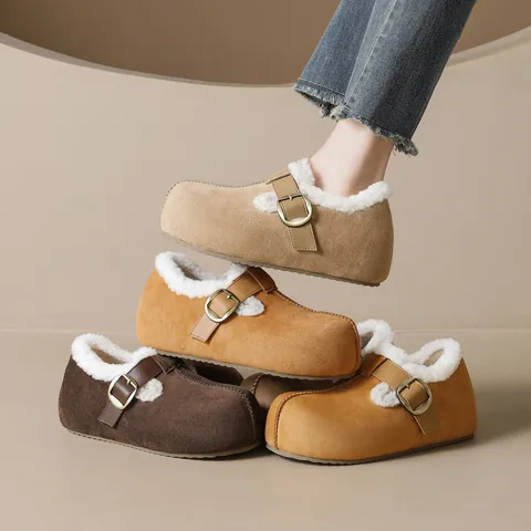 Women Winter Fur Lined Birkenstock Style Mules Suede Platform Snow Boots Buckle Casual Warm Slip On Indoor Outdoor Shoes