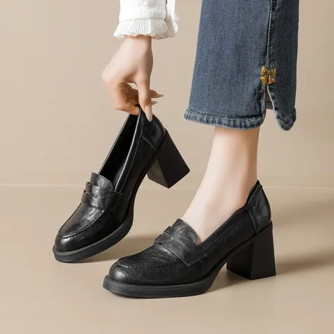 Women Retro Round Toe Block High Heel Loafers Microfiber Leather Slip On Commute Office Shoes Solid Color Elegant Pumps