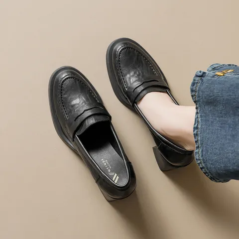 Women Retro Round Toe Block High Heel Loafers Microfiber Leather Slip On Commute Office Shoes Solid Color Elegant Pumps