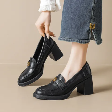 Women's British Vintage Block Heel Loafers Camellia Metal Buckle Round Toe Platform Microfiber Leather Pumps Office Daily Shoes