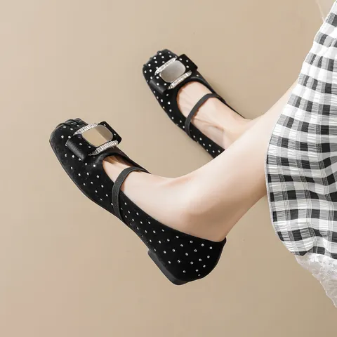 Women Velvet Mary Jane Flat Shoes Retro Square Toe Rhinestone Metal Buckle Ballerina Flats Elegant Comfortable Walking Shoes