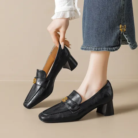 Vintage Camellia Flower Block Heel Loafers For Women Square Toe Microfiber Leather Commute Office Pumps Casual Slip On Shoes