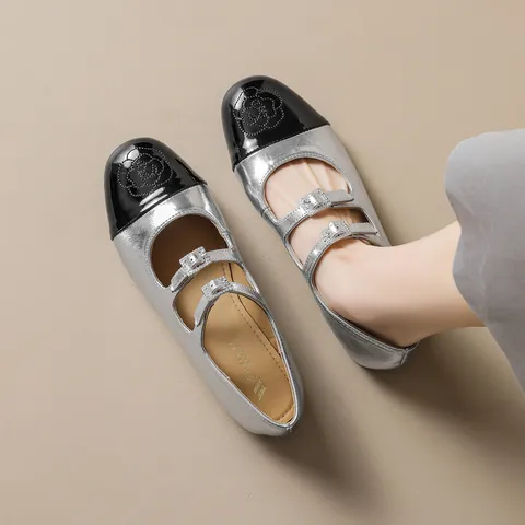 French Style Women Mary Jane Shoes Cap Toe Camellia Embossed Flat Ballet Shoes Rhinestone Dual Buckle Strap Casual Footwear