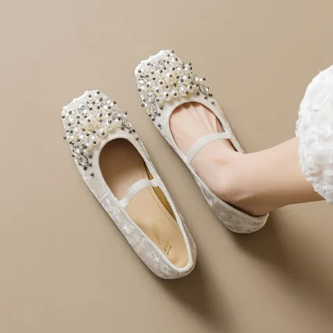 French Retro Pearl Rhinestone Mary Jane Shoes For Women Elegant Suede Square Toe Ballet Flat Shoes Comfortable Elastic Strap Party Wedding Shoes