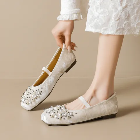 French Retro Pearl Rhinestone Mary Jane Shoes For Women Elegant Suede Square Toe Ballet Flat Shoes Comfortable Elastic Strap Party Wedding Shoes