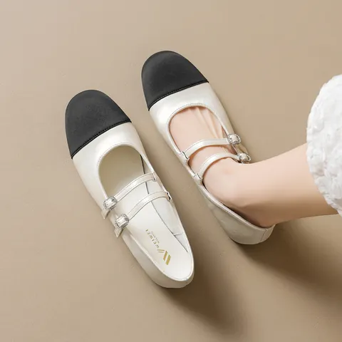 Women Elegant Contrast Toe Mary Jane Ballet Flats Microfiber Double Straps Rhinestone Buckle French Style Flat Walking Shoes