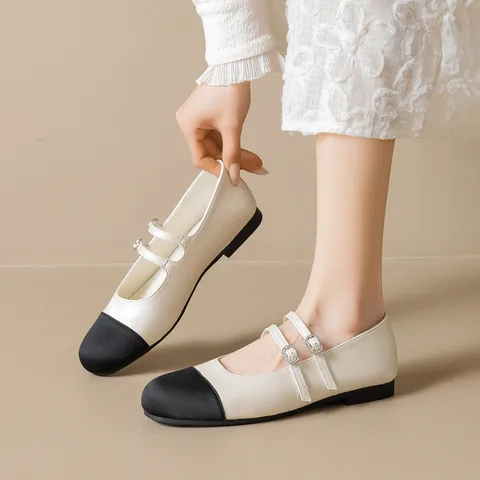 Women Elegant Contrast Toe Mary Jane Ballet Flats Microfiber Double Straps Rhinestone Buckle French Style Flat Walking Shoes