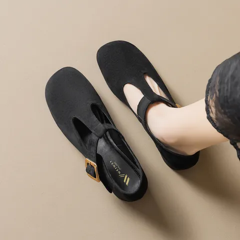 Vintage Women Suede Mary Jane Shoes T-Strap Round Toe Thick Mid Heel Buckle Retro Casual Fashion Dress Pumps Single Shoes