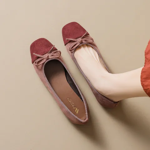 Women's Elegant Two-Tone Ballet Flats Suede Square Toe Bow Shallow Mouth Casual Slip On Comfort Office Dress Flat Shoes