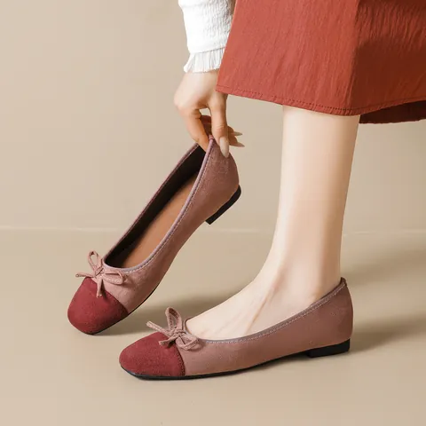Women's Elegant Two-Tone Ballet Flats Suede Square Toe Bow Shallow Mouth Casual Slip On Comfort Office Dress Flat Shoes