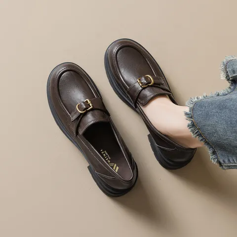 Mocasines De Plataforma Retro Para Mujer Con Hebilla Metálica Punta Redonda Estilo Preppy Británico Cuero De Microfibra Tacón Grueso Zapatos Casuales