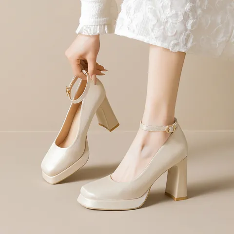 Women Vintage Satin Mary Jane Shoes Platform Chunky High Heels Square Toe Ankle Strap Wedding Party Elegant Dress Pumps