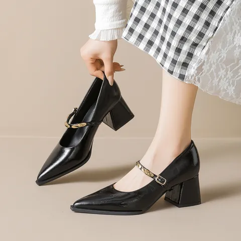 Women's French Mary Jane Shoes Pointed Toe Chunky High Heel Shoes Metal Chain Buckle Strap Microfiber Leather Pumps
