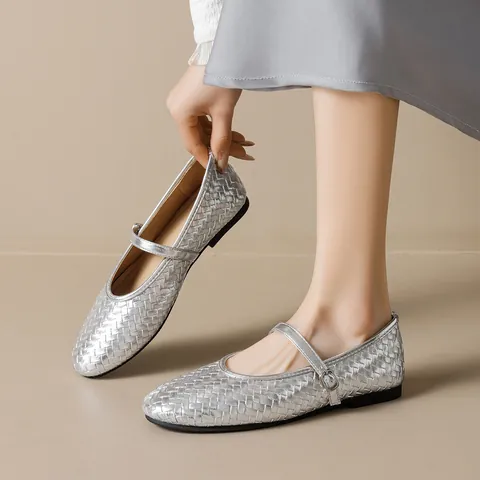 Woven Mary Jane Flats Women Buckle Strap Comfortable Ballet Shoes Microfiber Upper Round Toe French Style Silver Apricot Brown