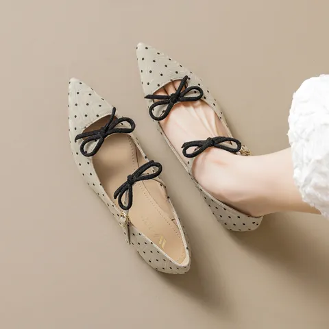 Women Pointed Toe Polka Dot Mary Jane Shoes French Style Fabric Flat Ballet Shoes With Bow Accent And Buckle Strap