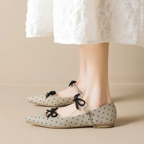 Women Pointed Toe Polka Dot Mary Jane Shoes French Style Fabric Flat Ballet Shoes With Bow Accent And Buckle Strap