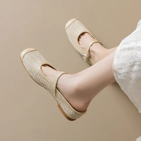 Women Vintage Woven Mary Jane Mule Slippers Square Toe Microfiber Buckle Strap Backless Flat Shoes For Casual Daily