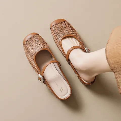 Women Vintage Woven Mary Jane Mule Slippers Square Toe Microfiber Buckle Strap Backless Flat Shoes For Casual Daily