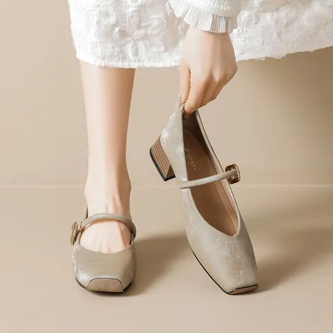 Women French Vintage Satin Mary Jane Shoes Square Toe Block Heel Buckle Strap Elegant Casual Fashion Commute Party Pumps