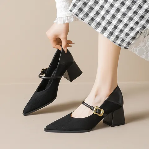 Zapatos Mary Jane para Mujer Estilo Francés Punta Estrecha Tacón Alto de Bloque Gamuza Hebilla de Metal Elegante para Trabajo