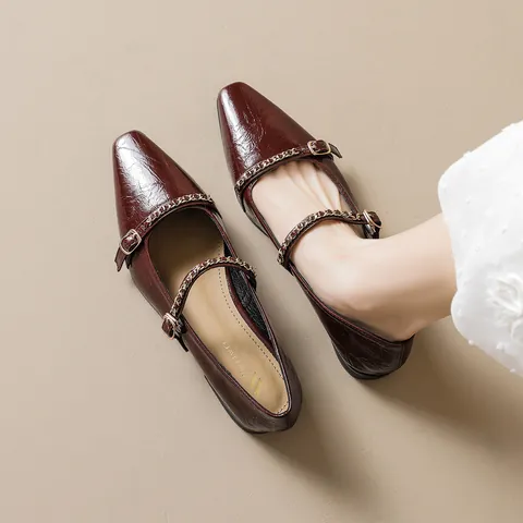 Vintage Women Mary Jane Flat Shoes Microfiber Chain Strap Pointed Toe Buckle Casual Loafers Elegant Party Dress Shoes