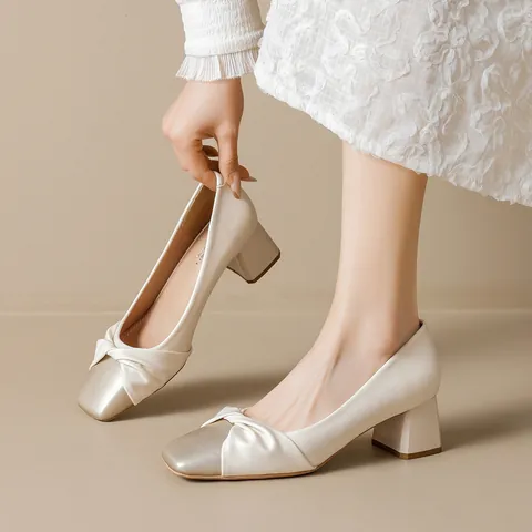 French Elegant Square Toe Chunky Heel Pumps With Twist Bow Microfiber Satin Splicing Women Shoes Office Career Formal Footwear