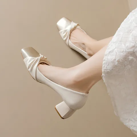 French Elegant Square Toe Chunky Heel Pumps With Twist Bow Microfiber Satin Splicing Women Shoes Office Career Formal Footwear