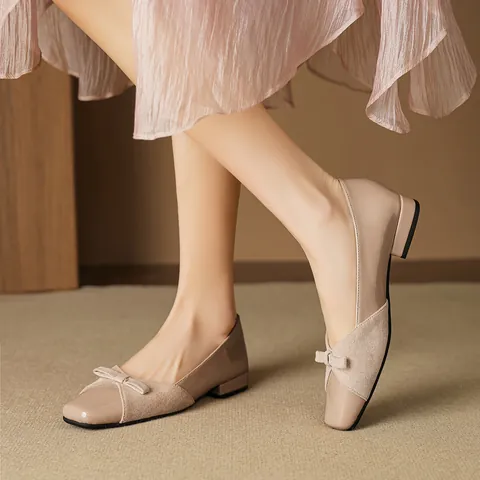 Women French Vintage Square Toe Chunky Low Heel Single Shoes Patent Leather Microfiber Splicing Bowknot Dress Pumps For Office