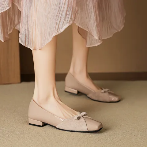 Women French Vintage Square Toe Chunky Low Heel Single Shoes Patent Leather Microfiber Splicing Bowknot Dress Pumps For Office