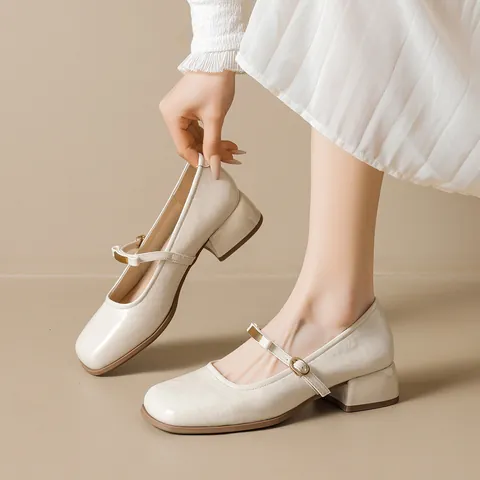 French Vintage Mary Jane Shoes For Women Square Toe Block Heel Single Strap Pumps Retro Microfiber Leather Casual Dress Shoes