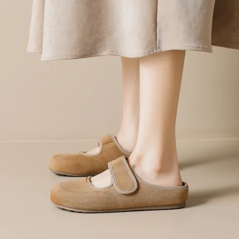 Vintage Women Suede Mary Jane Mules Platform Slippers Round Toe Heightened Casual Walking Shoes With Hook And Loop Strap