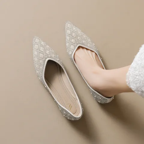 Women Artificial Pearl Rhinestone Flat Shoes Microfiber Non Slip Ballet Flats Wedding Party Casual Pointed Square Toe Shoes
