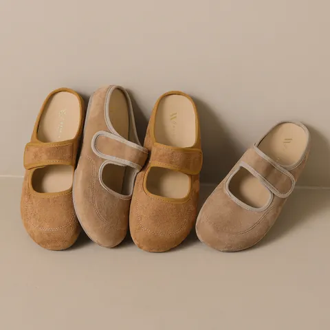 Vintage Women Suede Mary Jane Mules Platform Slippers Round Toe Heightened Casual Walking Shoes With Hook And Loop Strap
