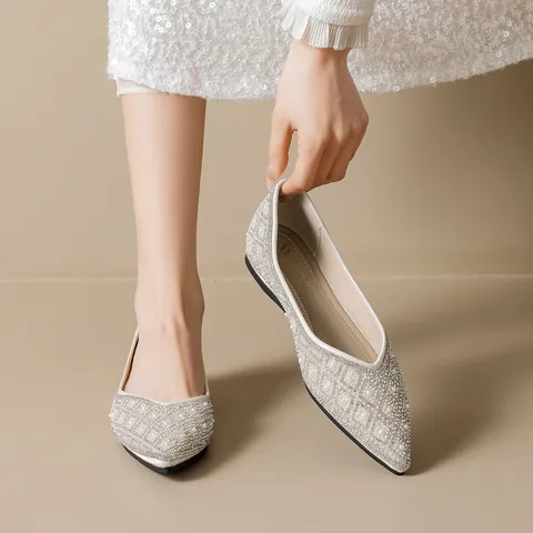 Women Artificial Pearl Rhinestone Flat Shoes Microfiber Non Slip Ballet Flats Wedding Party Casual Pointed Square Toe Shoes