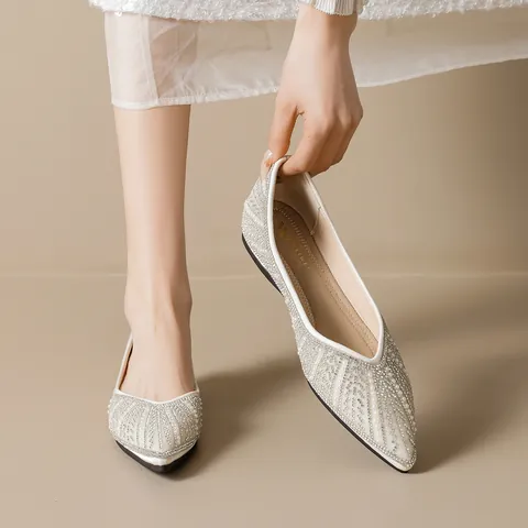 Women's Fairy Style Rhinestone Pearl Flat Shoes Microfiber Elegant Slip-on Wedding Party Pointed Square Toe Dress Shoes
