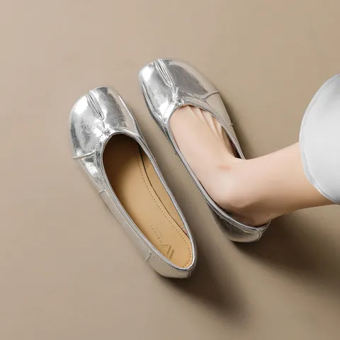 Women Tabi Split Toe Ballet Flats Metallic Silver Apricot Bow Decorative Slip On Casual Shallow Mouth Flat Shoes