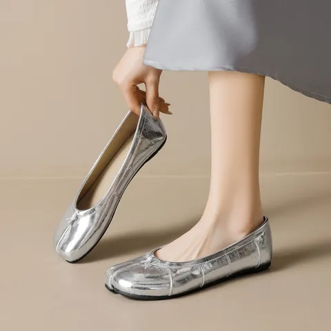 Women Tabi Split Toe Ballet Flats Metallic Silver Apricot Bow Decorative Slip On Casual Shallow Mouth Flat Shoes